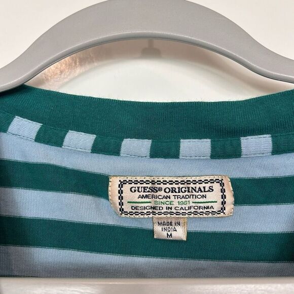 Guess Mens T-Shirt Medium Striped Short Sleeve 90s Y2K Spellout Embroidered Blue - Picture 5 of 10